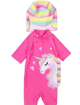 girls 2pc unicorn rash suit & hat set SWIMWEAR