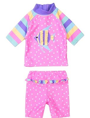girls 2pc spotty fish rash suit with frill deta